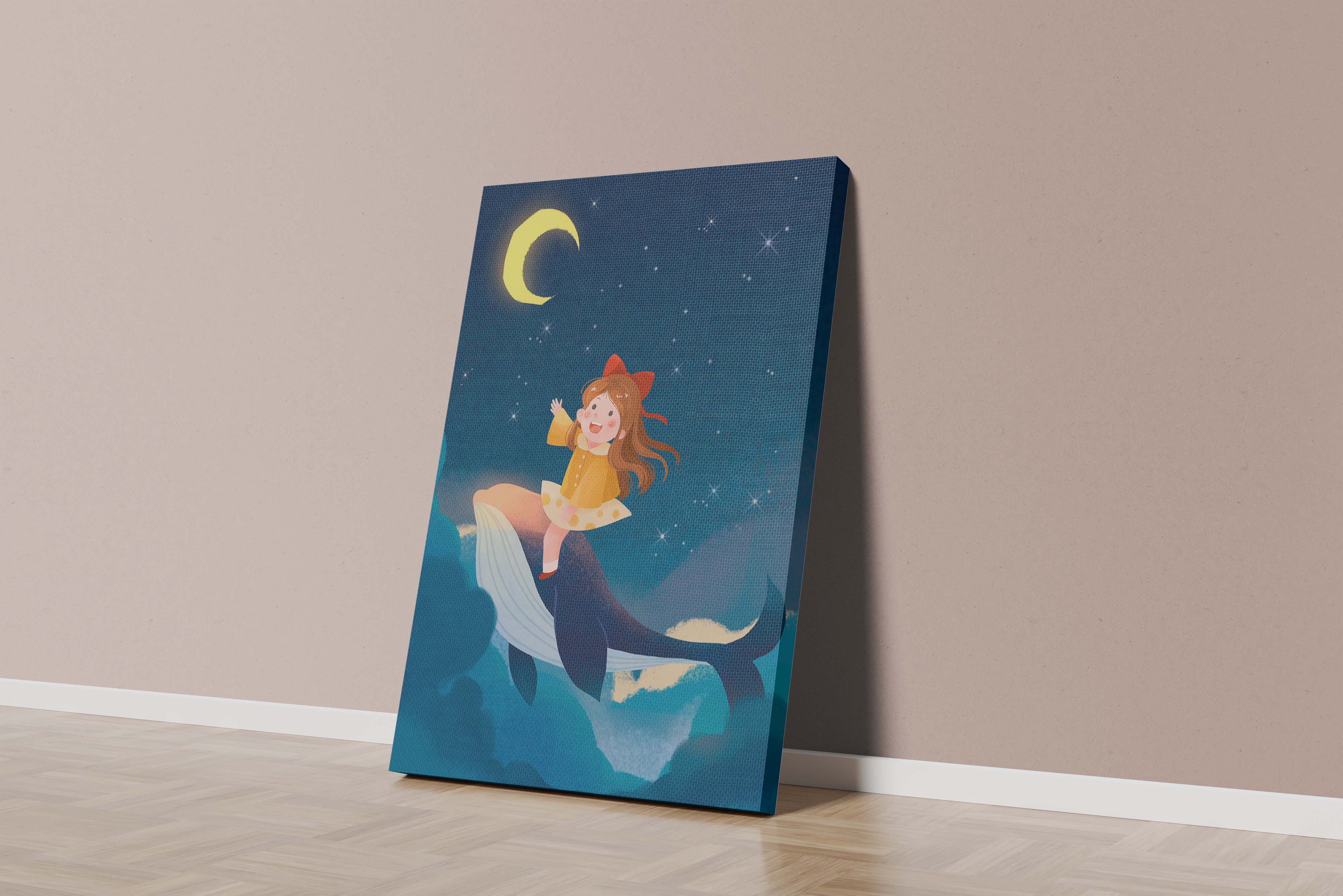 Girl on a whale under starry night sky