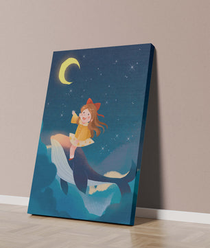 Girl on a whale under starry night sky