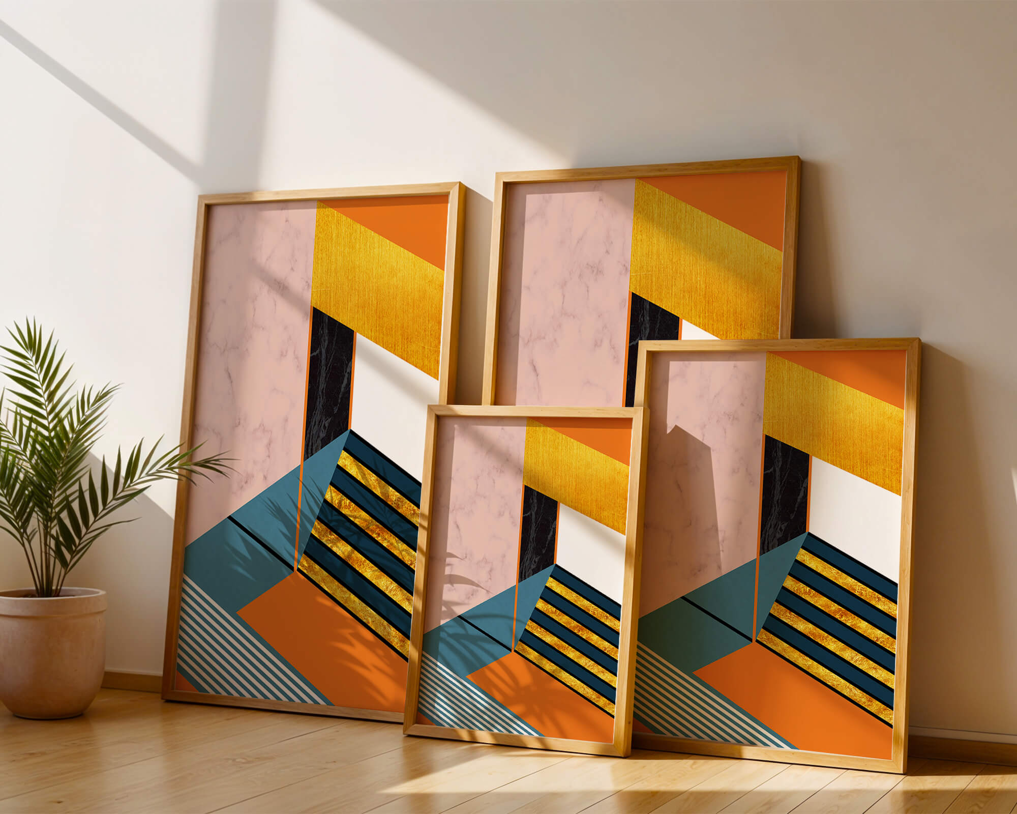 Abstract geometric design with marble and gold textures