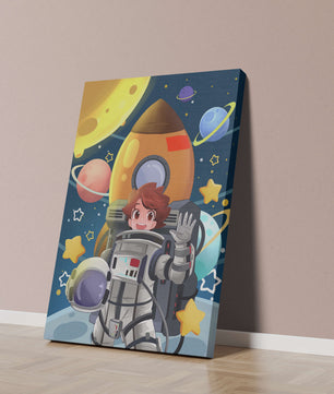 Young Astronaut with Rocket and Planets in Space Adventure