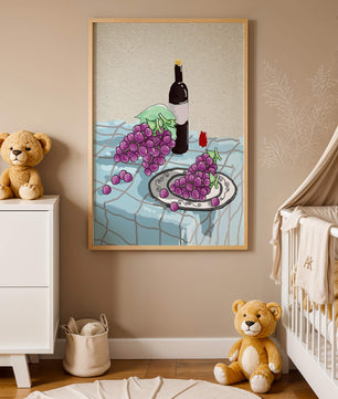 Still Life with Grapes and Wine Bottle on a Checkered Tablecloth - Mi tienda