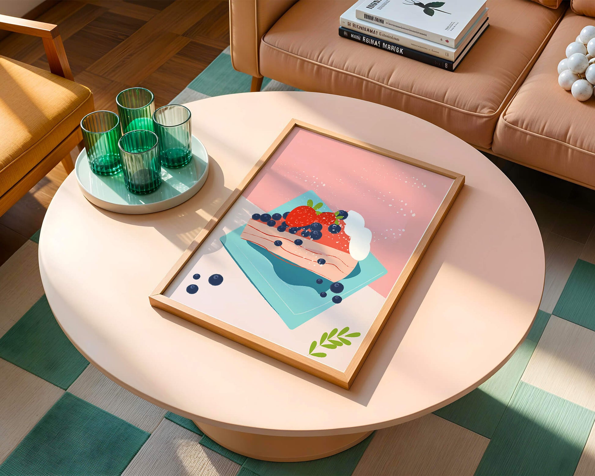 Bunte Dessertillustration mit Erdbeeren und Blaubeeren auf pastellfarbenem Hintergrund