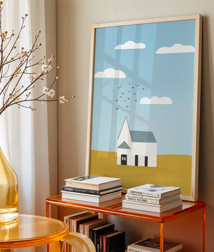 Paisaje minimalista con una casa blanca y cielo