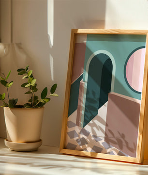 Abstract architectural scene with geometrical shapes