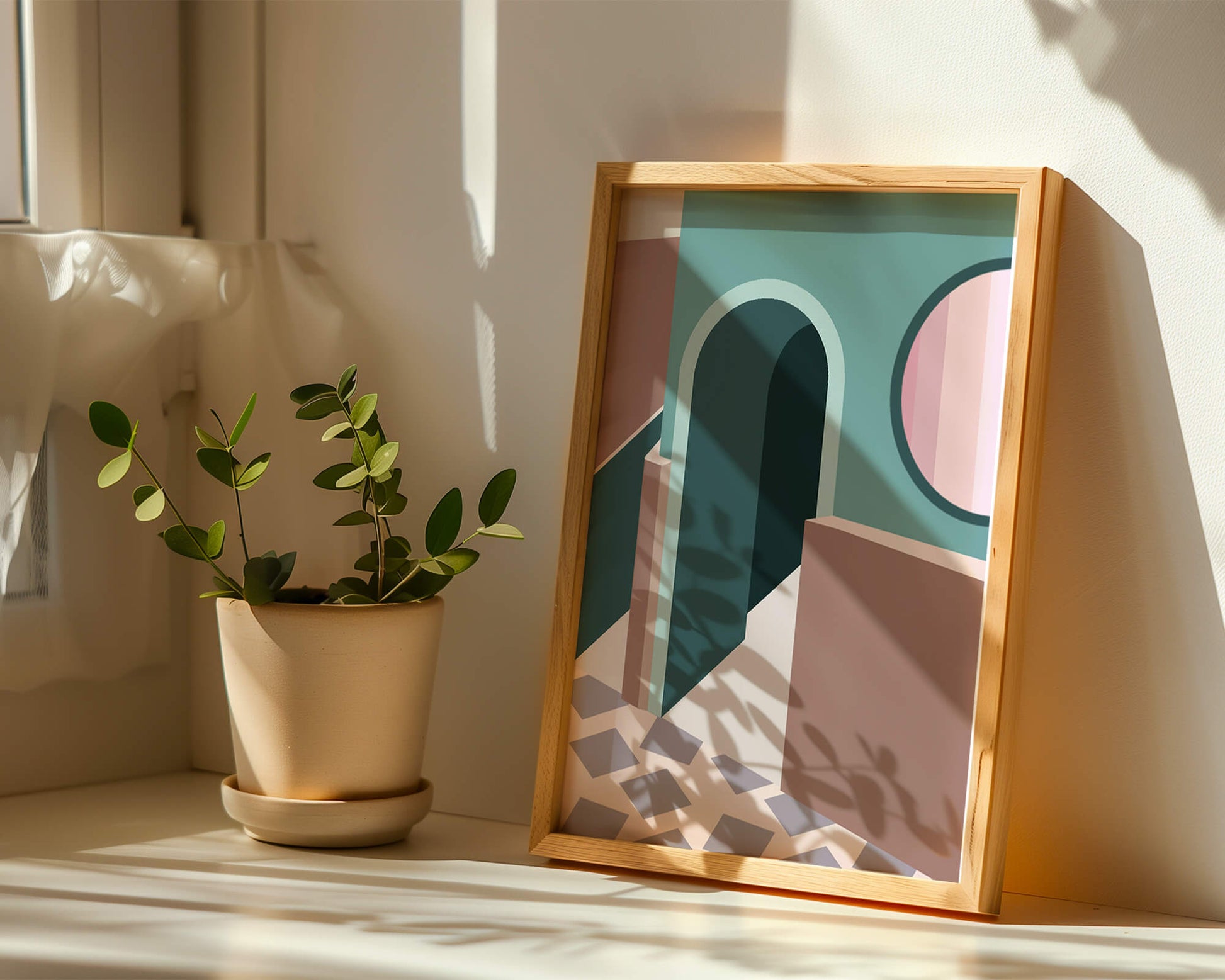 Abstract architectural scene with geometrical shapes