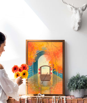 Serene autumn scene with archway and wooden boat