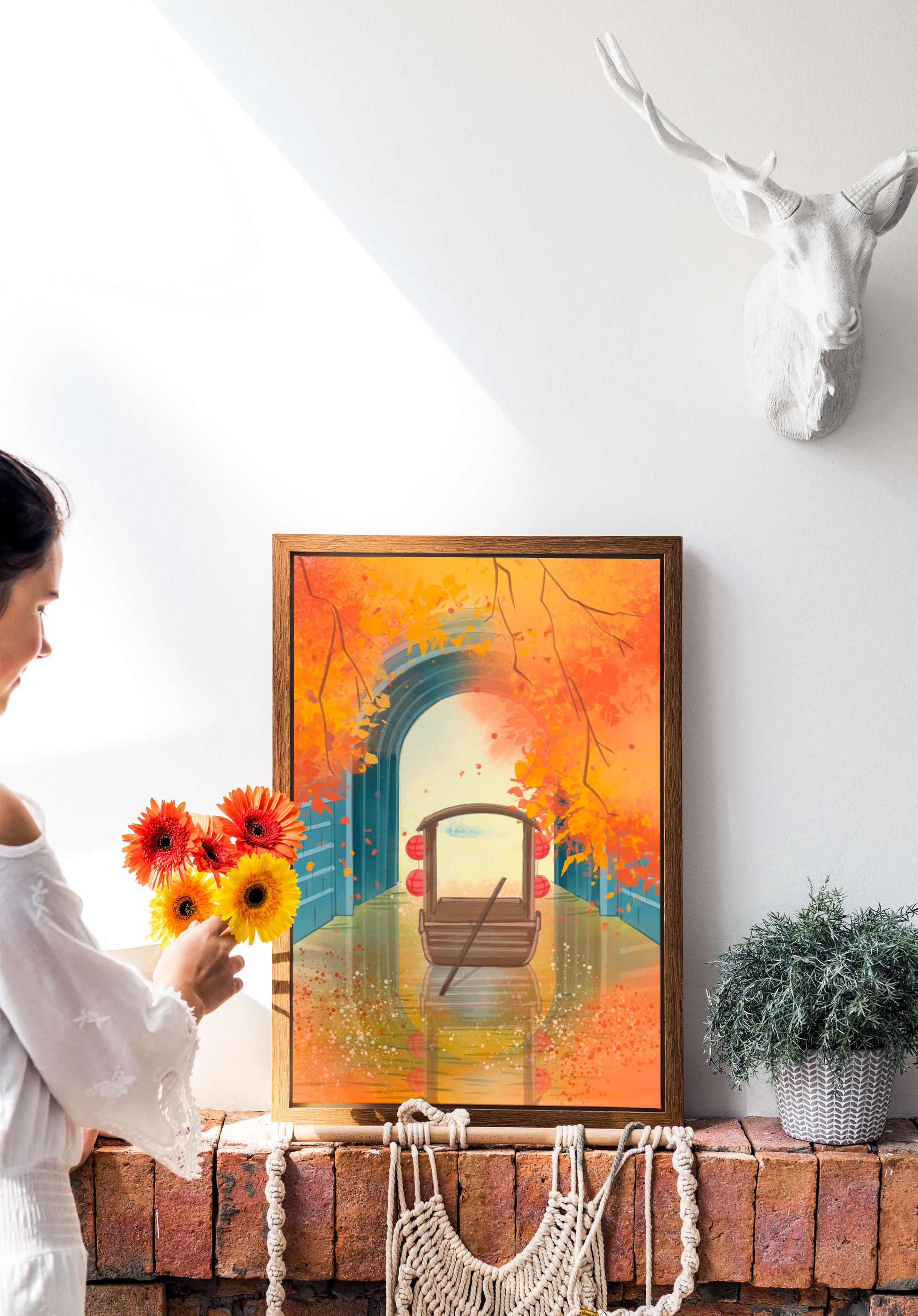 Serene autumn scene with archway and wooden boat