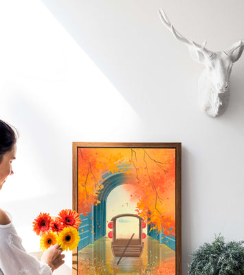 Serene autumn scene with archway and wooden boat