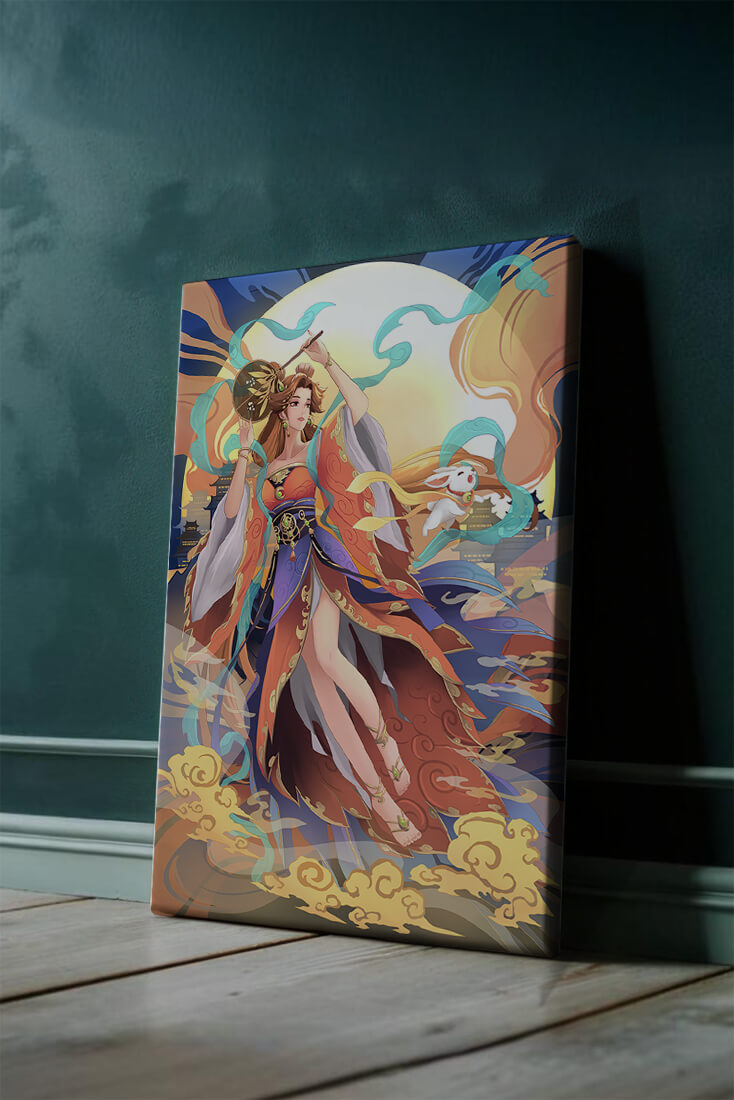 Elegant goddess with flowing robes against a mystical backdrop