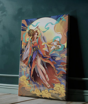 Elegant goddess with flowing robes against a mystical backdrop