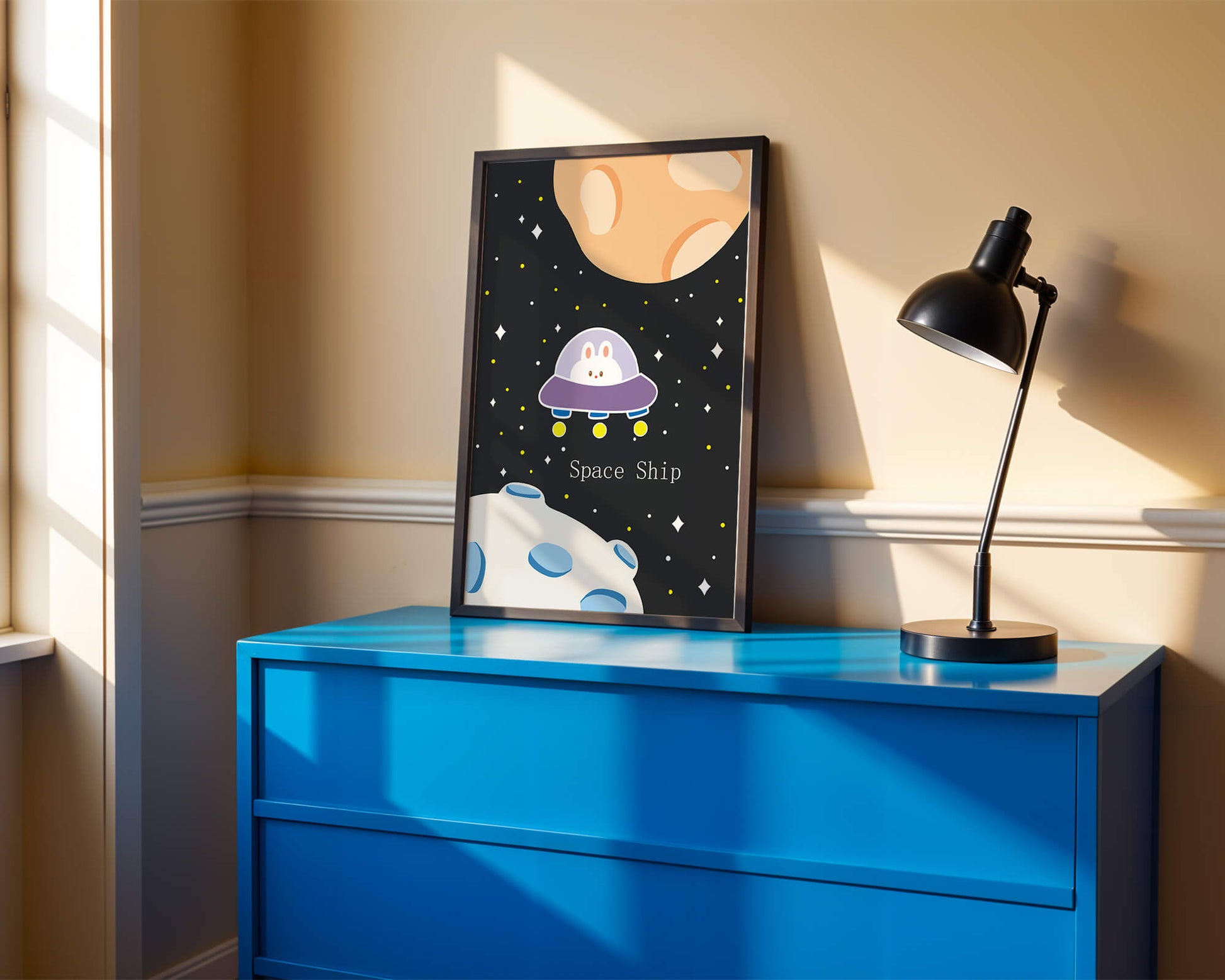 Cute bunny in spaceship with planets and stars in space illustration