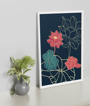 Vibrant Lotus Flowers on Dark Background with Gold Outline