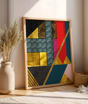 Geometric abstract art with bold colors and golden accents