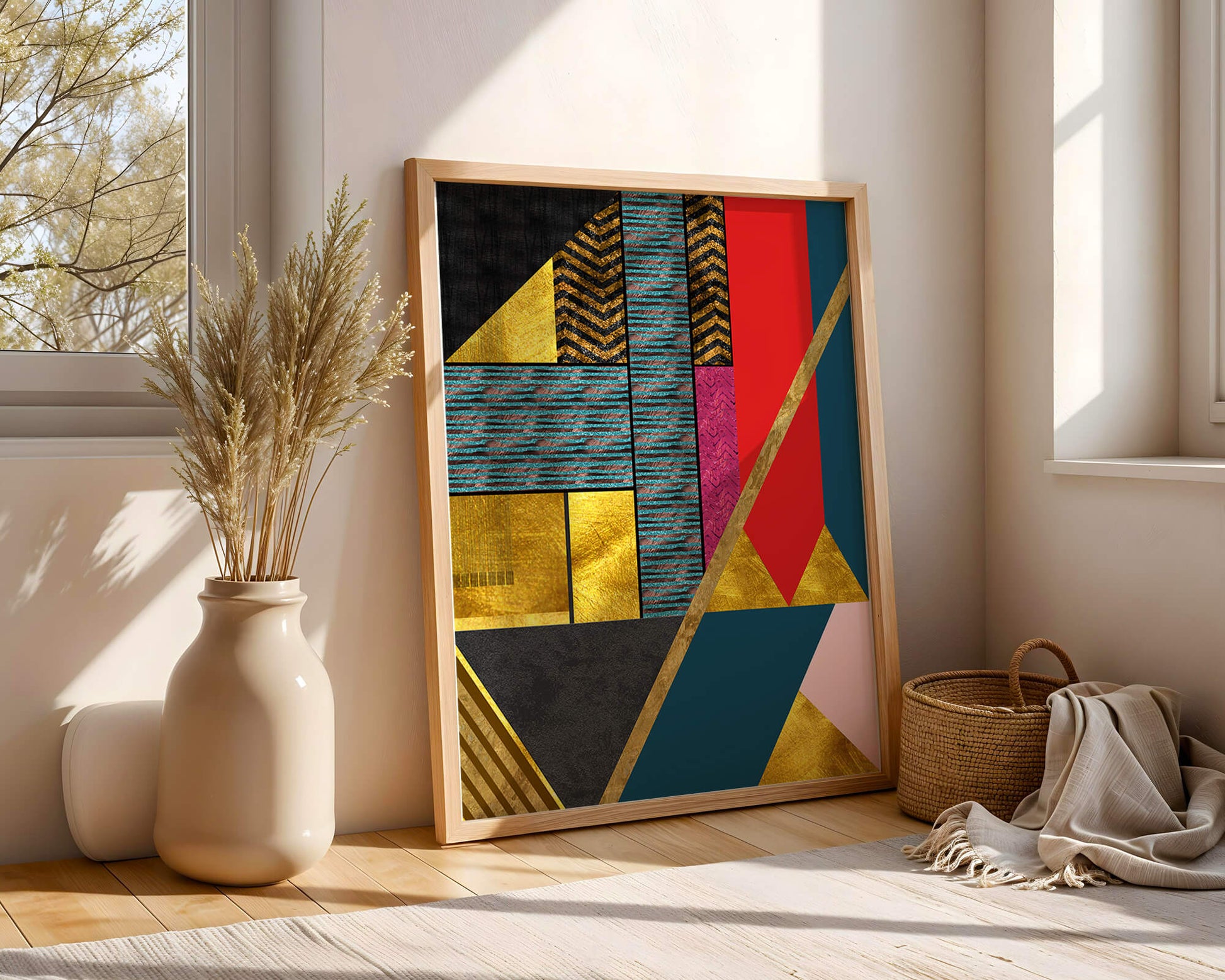 Geometric abstract art with bold colors and golden accents