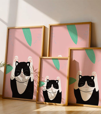 Illustrated cat on pink background with leaves