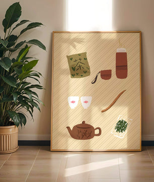 Illustración de un juego de té tradicional con hojas de té y accesorios