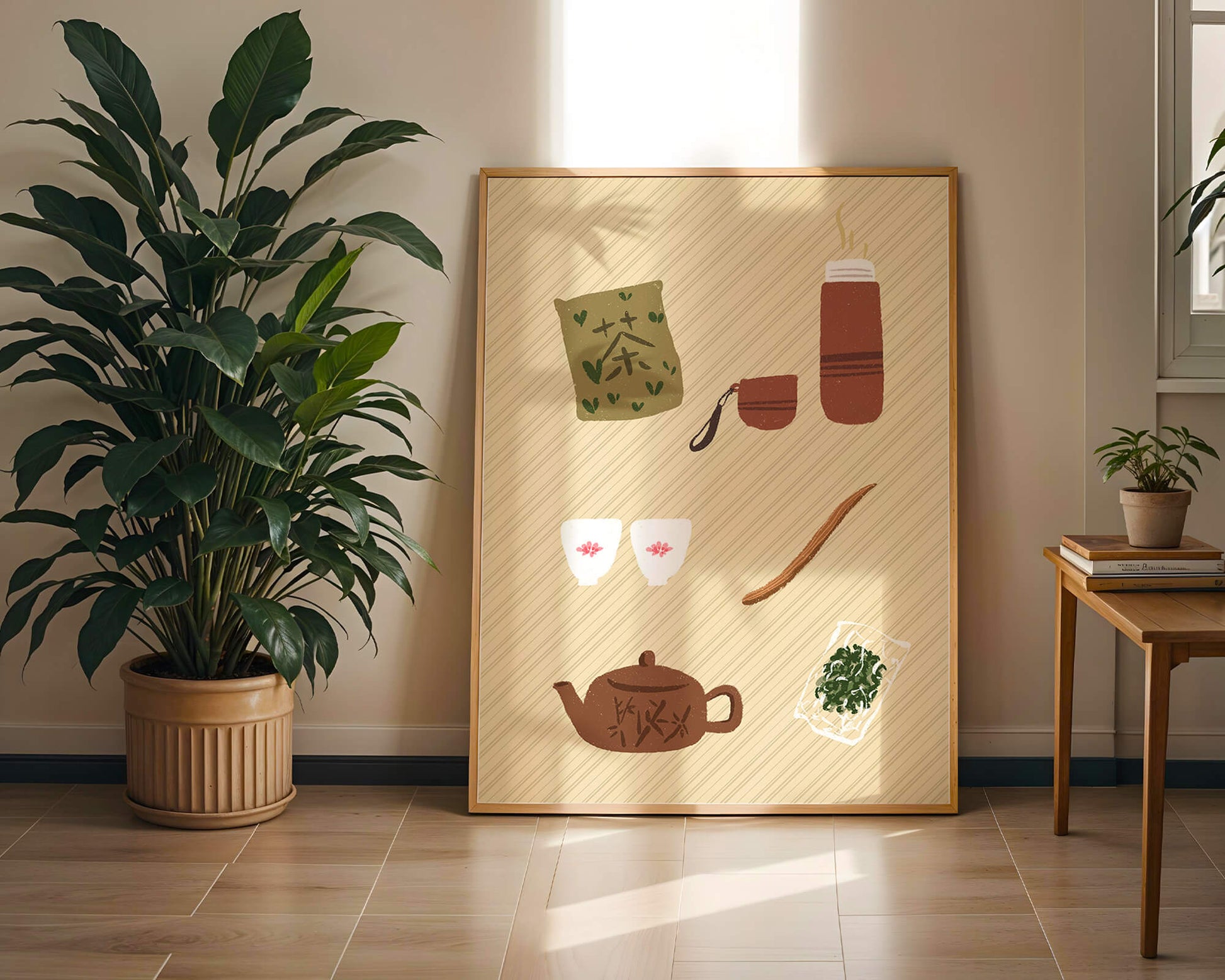 Illustración de un juego de té tradicional con hojas de té y accesorios