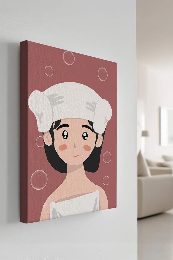 Ilustración de una persona en una toalla con burbujas sobre un fondo rosa