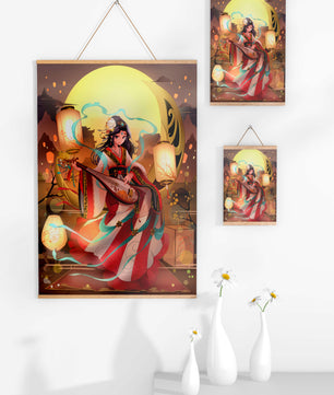 Traditional Asian woman playing musical instrument under moonlight
