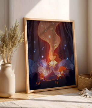 Magical forest scene with lantern and glowing hair