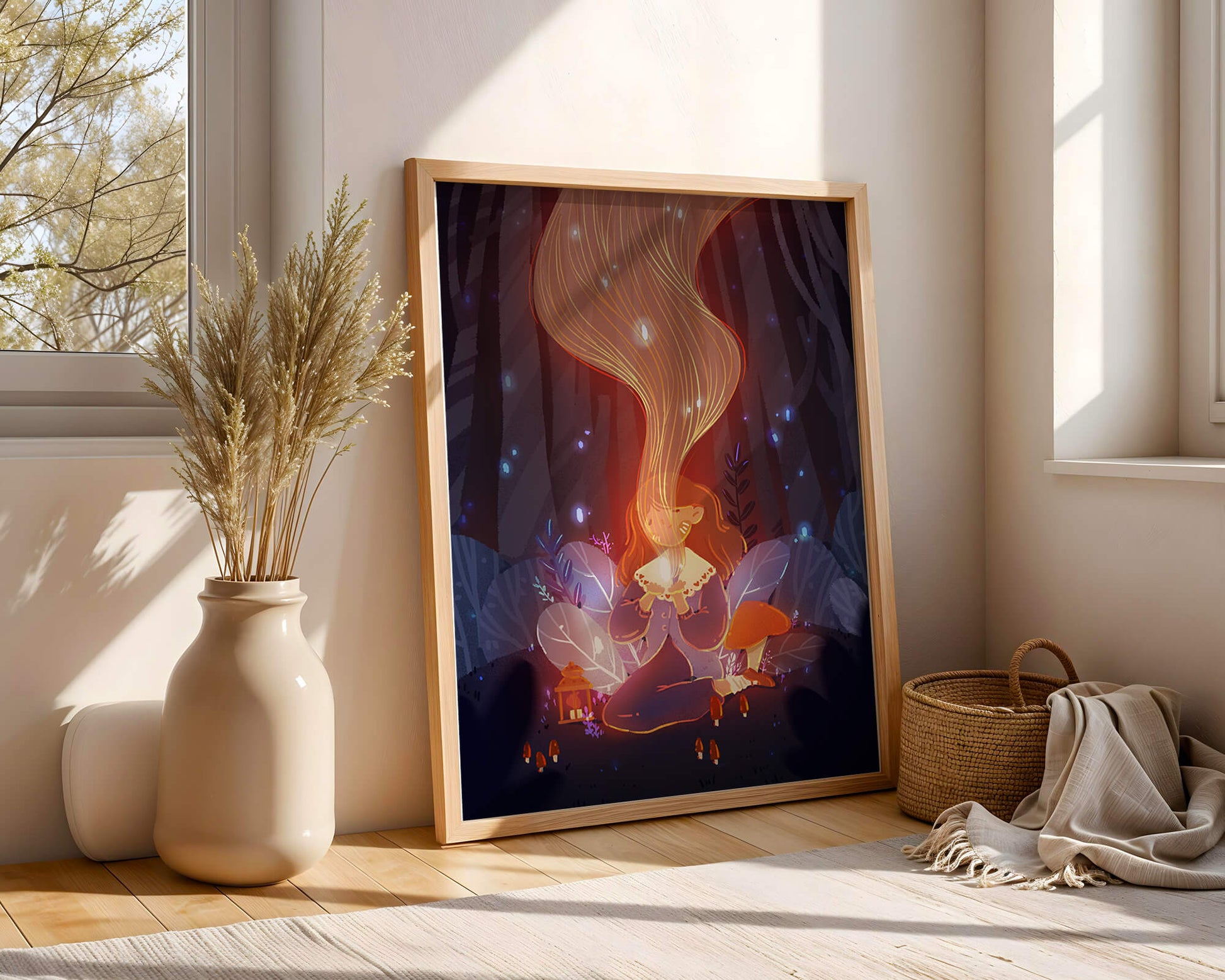 Magical forest scene with lantern and glowing hair