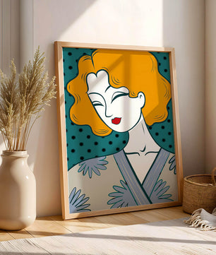 Retrato estilizado de una mujer con cabello naranja y kimono floral