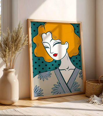 Stylized portrait of a woman with orange hair and floral kimono