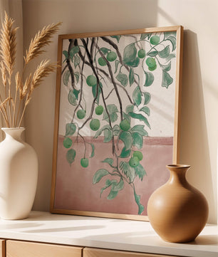 Branches With Green Apples And Leaves Over Pink Background
