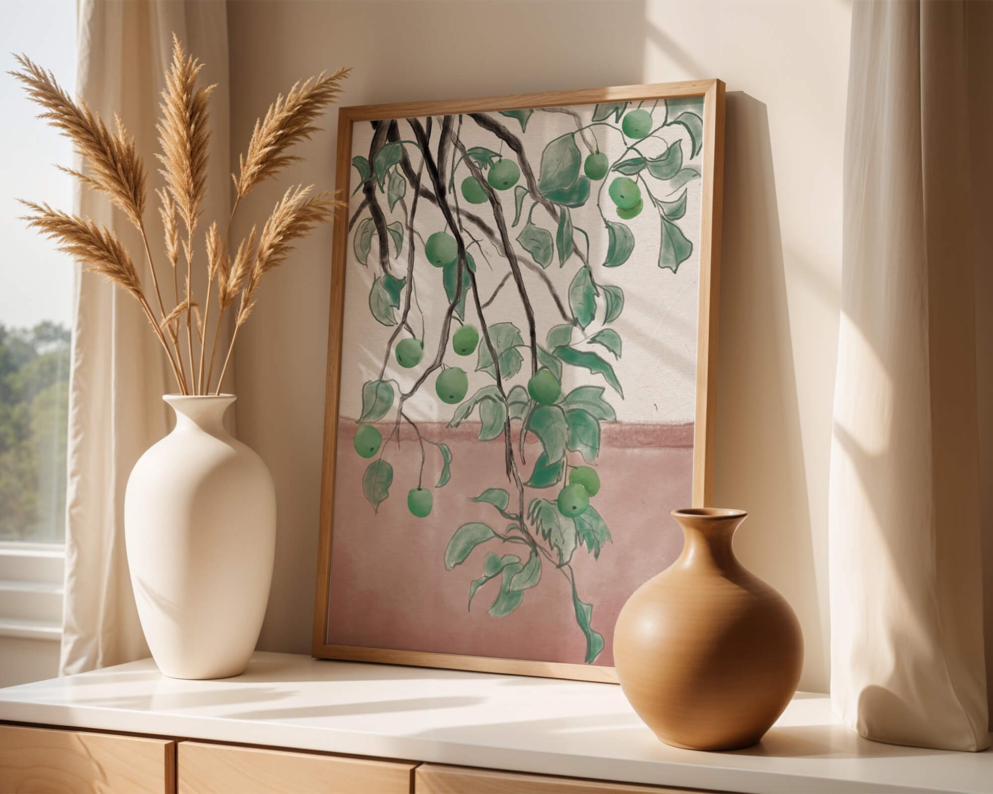 Branches With Green Apples And Leaves Over Pink Background