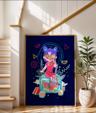 Personnage de dessin animé coloré avec des éléments futuristes
