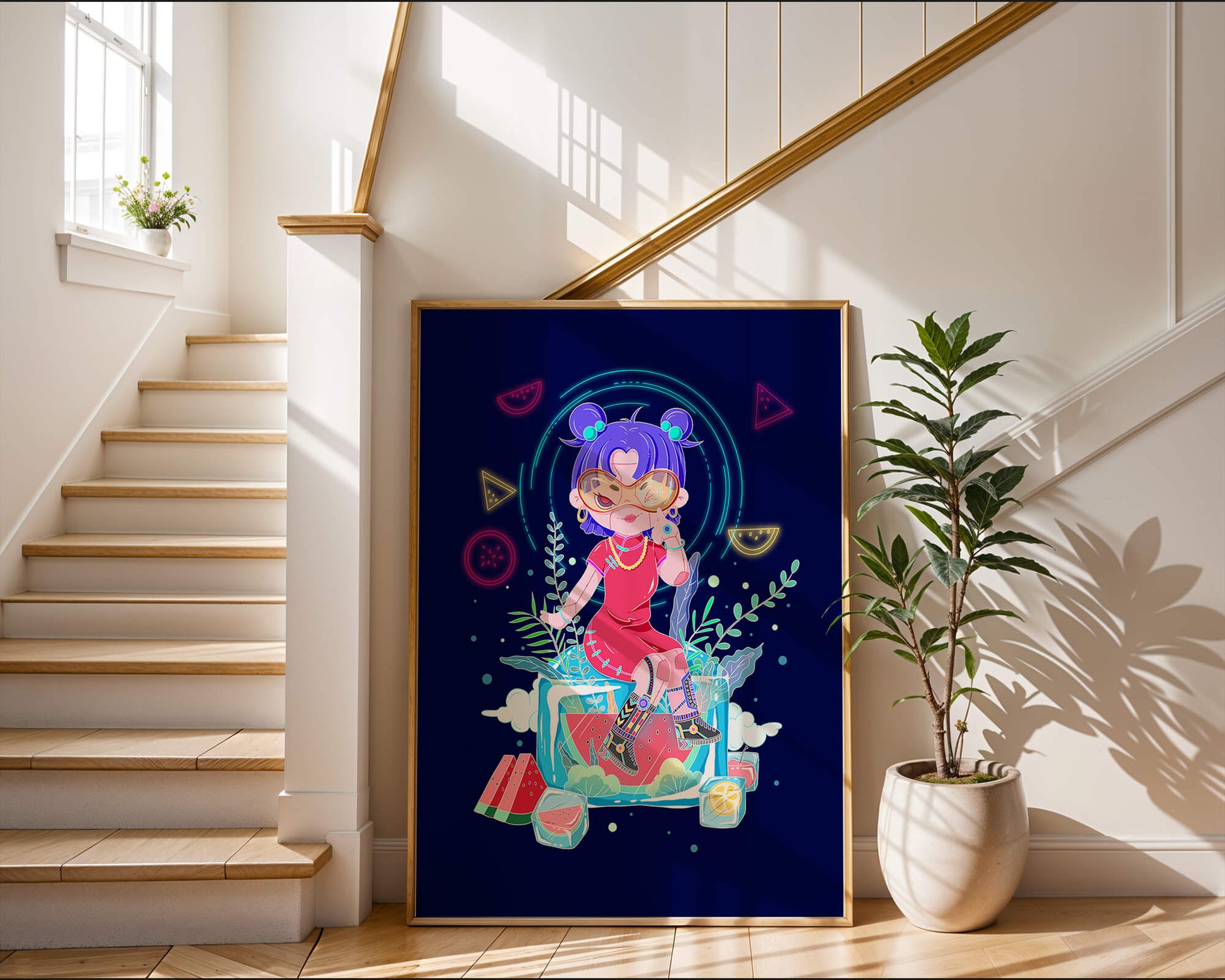 Personnage de dessin animé coloré avec des éléments futuristes