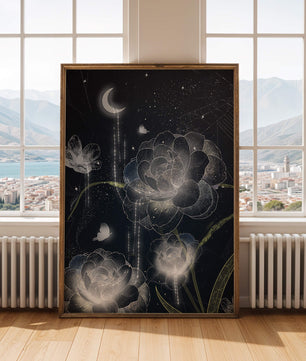 Fleur nocturne avec floraisons au clair de lune et papillon illuminé