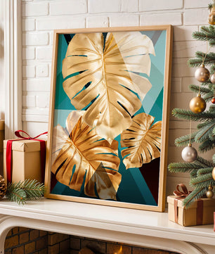 Blätter der Goldenen Monstera auf geometrischem Hintergrund