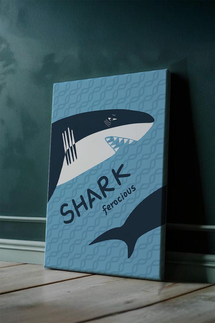 Illustrated shark graphic with blue background and typography