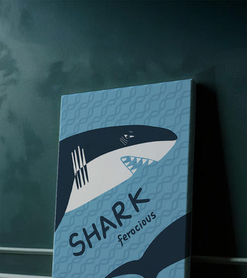 Illustrated shark graphic with blue background and typography