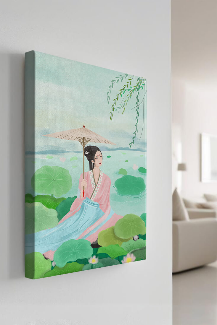 Elegant woman in traditional attire with umbrella surrounded by lotus leaves