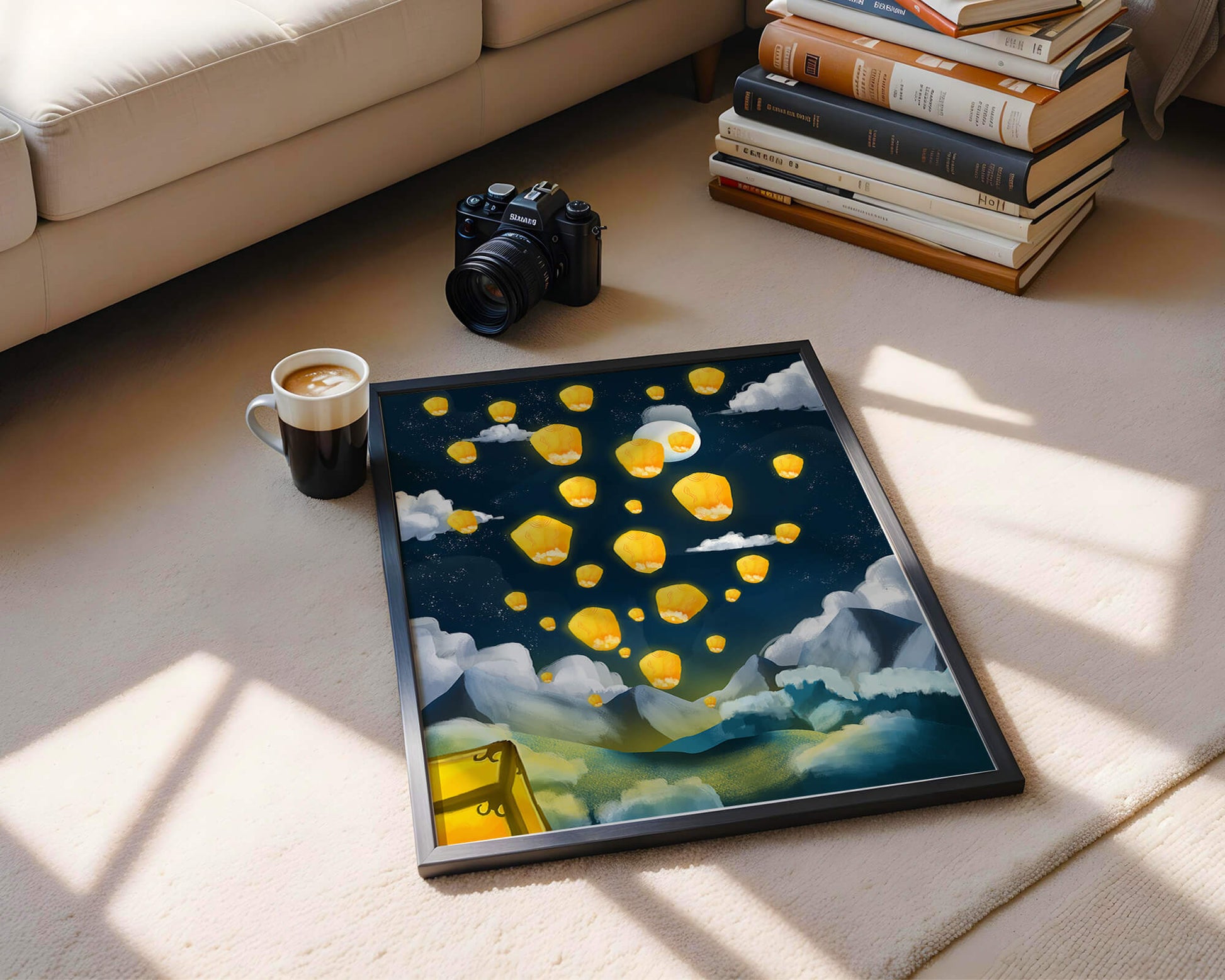Lanterns floating in a starry night sky over mountains