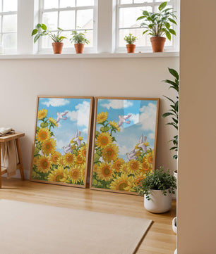 Friedliche Szene mit Sonnenblumen und Tauben unter einem strahlend blauen Himmel