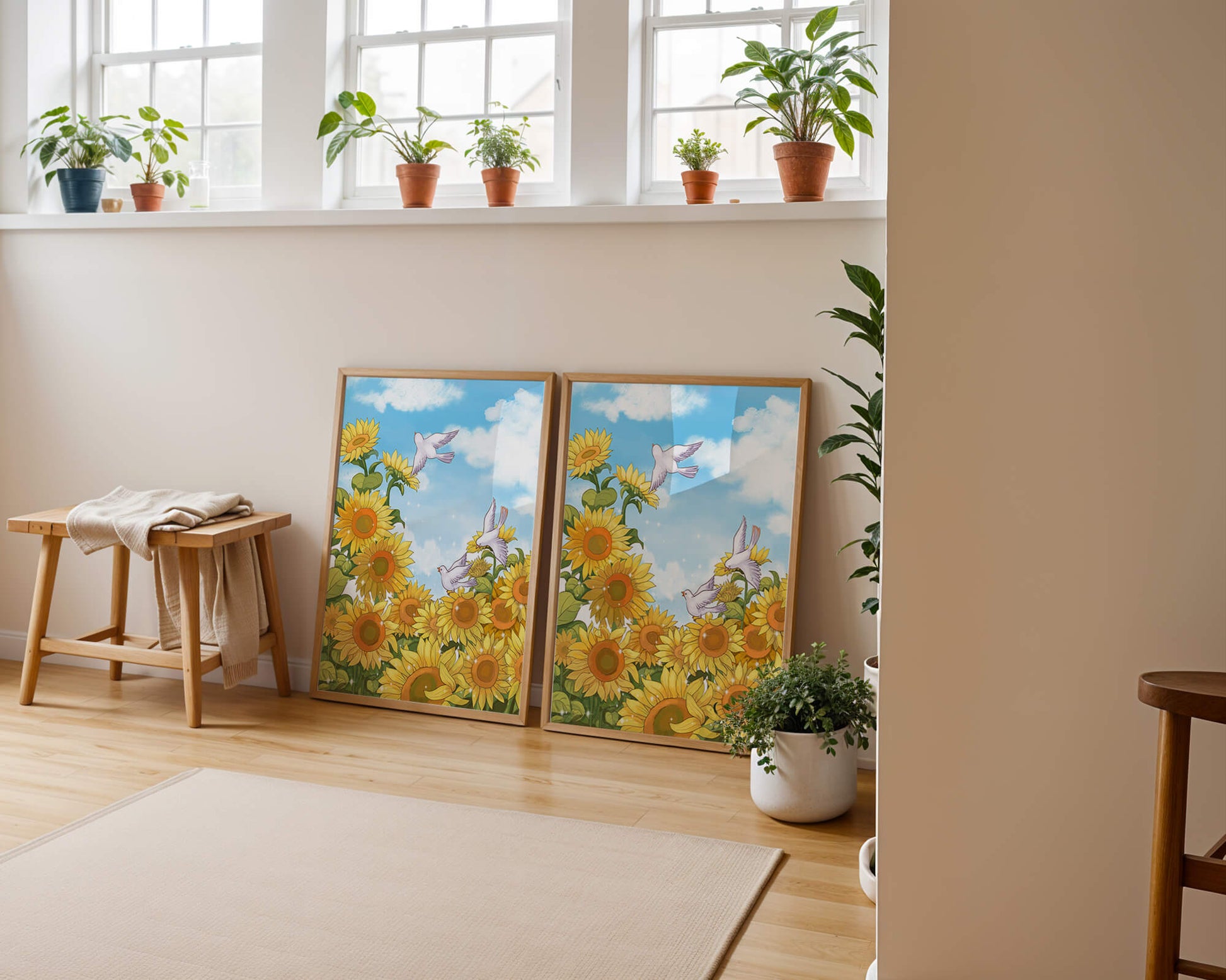 Friedliche Szene mit Sonnenblumen und Tauben unter einem strahlend blauen Himmel