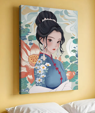 Una mujer elegante con vestido tradicional oriental con patrones florales y flores de loto