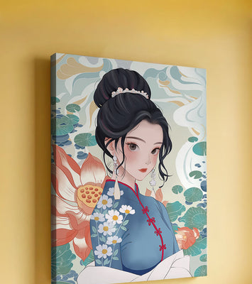 An Elegant Woman in Traditional Oriental Dress with Floral Patterns and Lotus Flowers