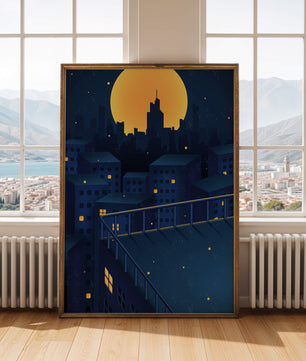 Stadtdach bei Nacht mit beleuchteten Fenstern und Vollmond