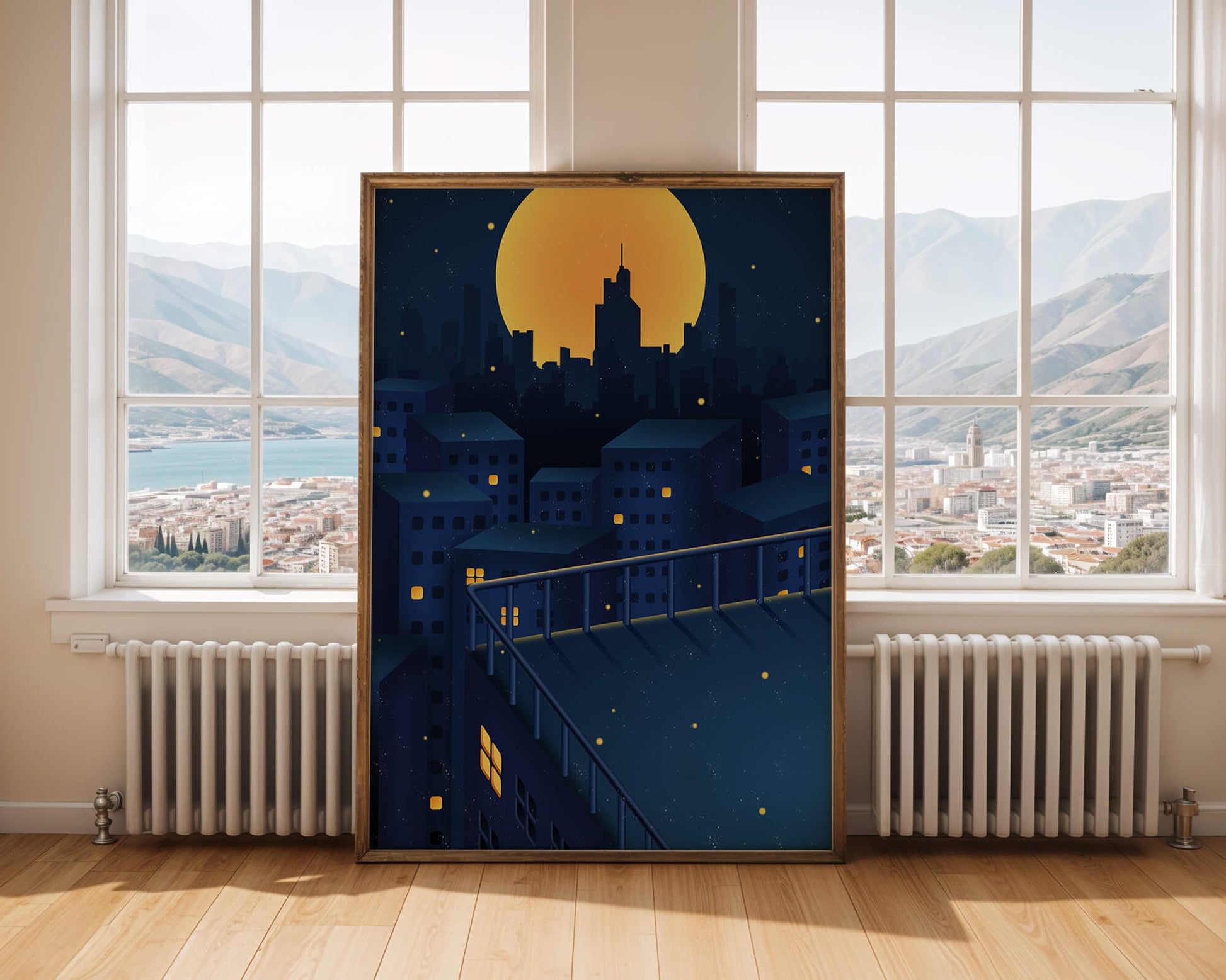 City Rooftop at Night with Illuminated Windows and Full Moon