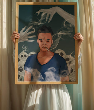 A Person Surrounded by Smoke and Ghostly Hands with Skulls in the Background