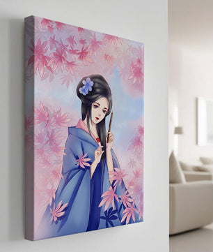 Ilustración elegante de una geisha con kimono azul y hojas rosadas