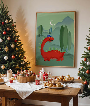 Whimsical red dinosaur in a serene nighttime forest