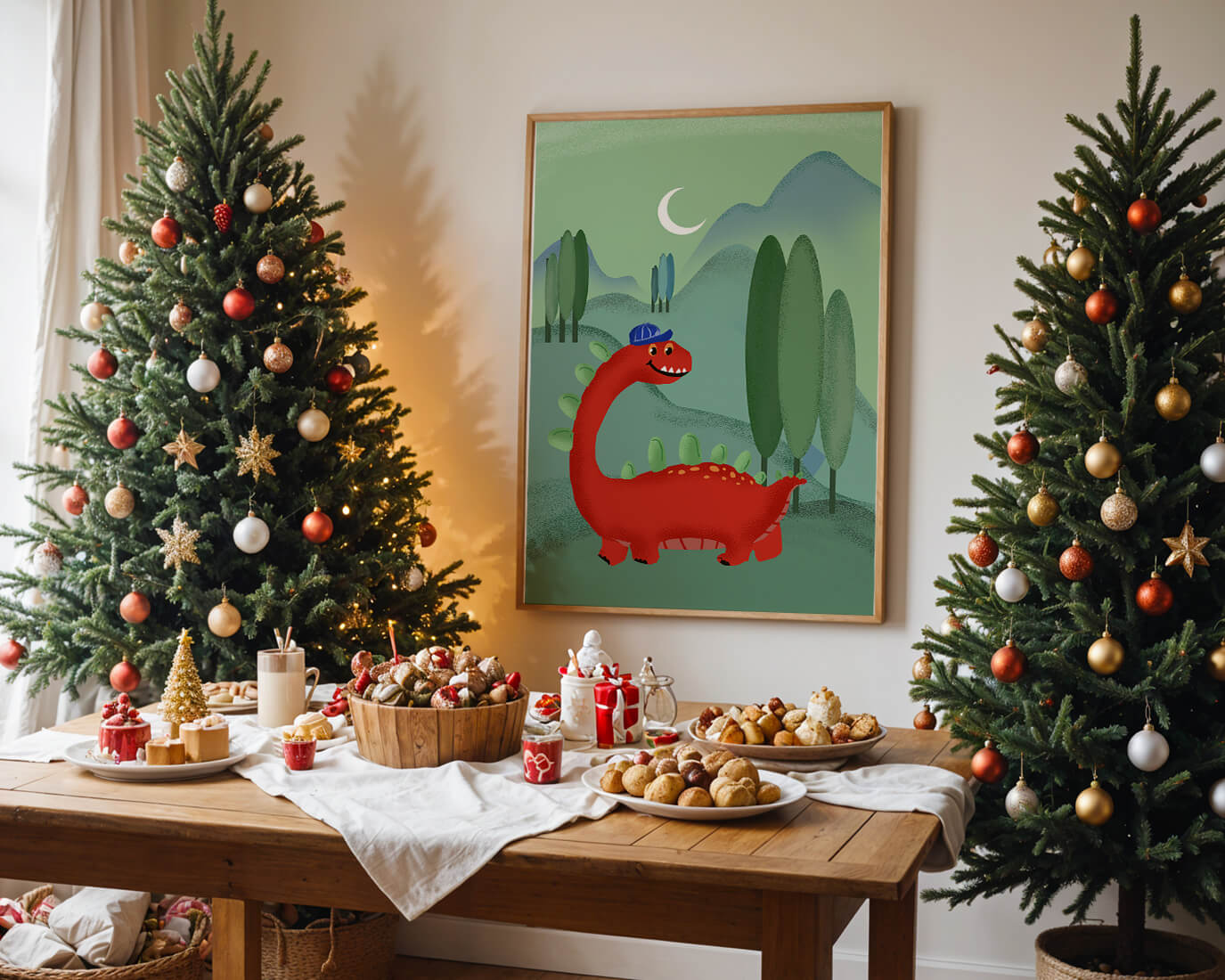 Whimsical red dinosaur in a serene nighttime forest