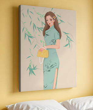 Elegant Woman in Traditional Dress Holding a Yellow Clutch with Bamboo Background