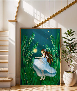 Enchanting fairy in magical wheat field at night