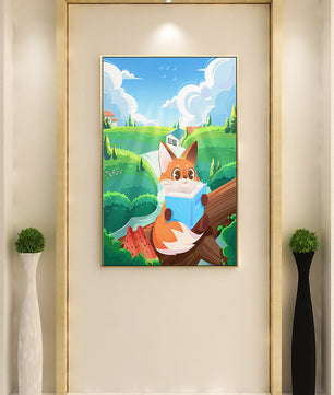Fox Reading a Book in Scenic Green Landscape with Watermelon Slices